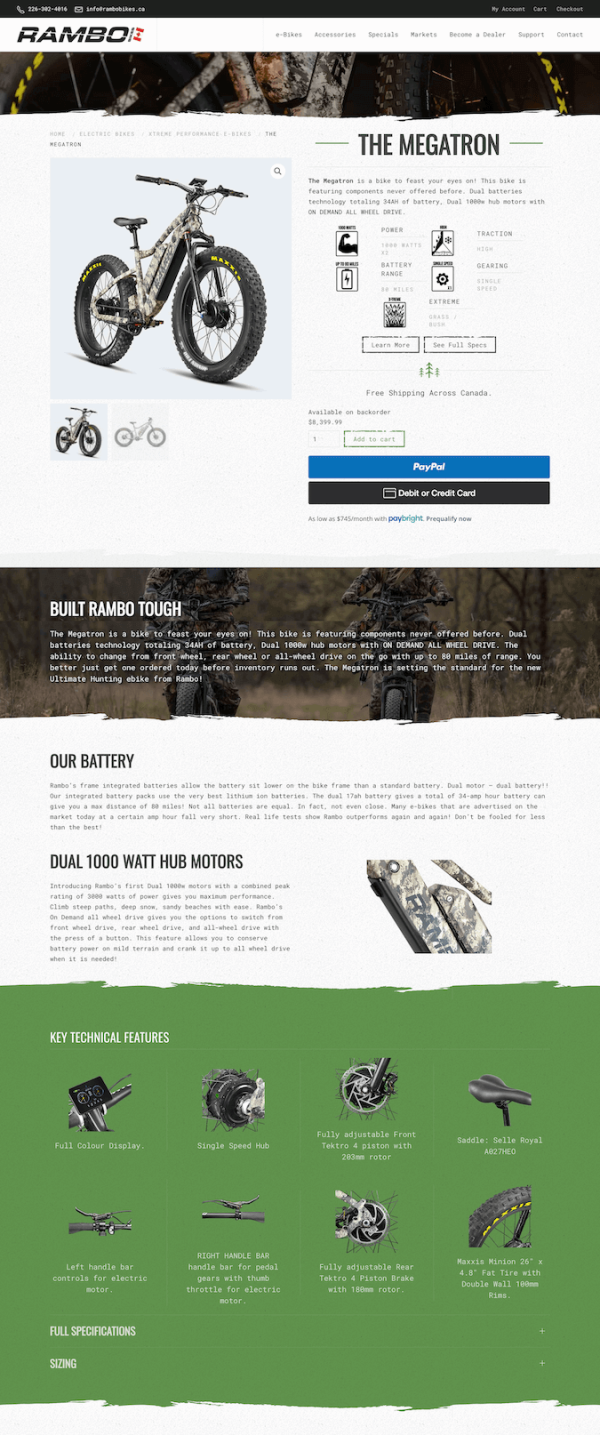 Desktop view of product page of Rambo Bikes Canada website