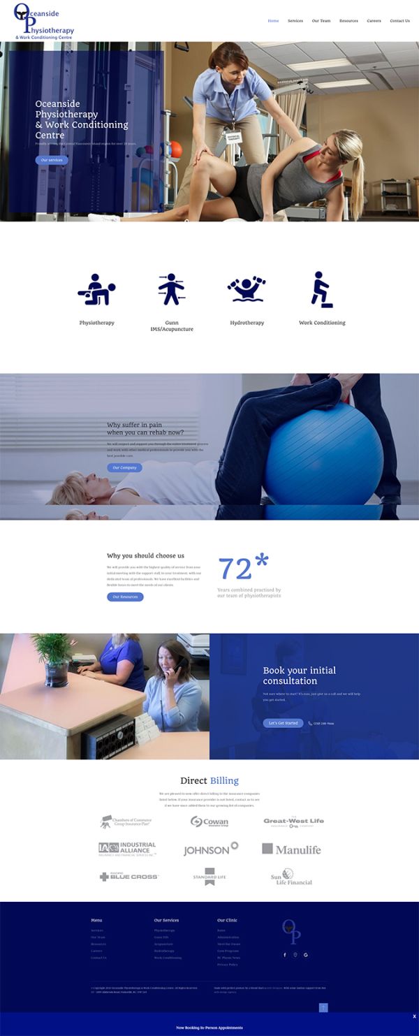Desktop view of homepage of Oceanside Physiotherapy website