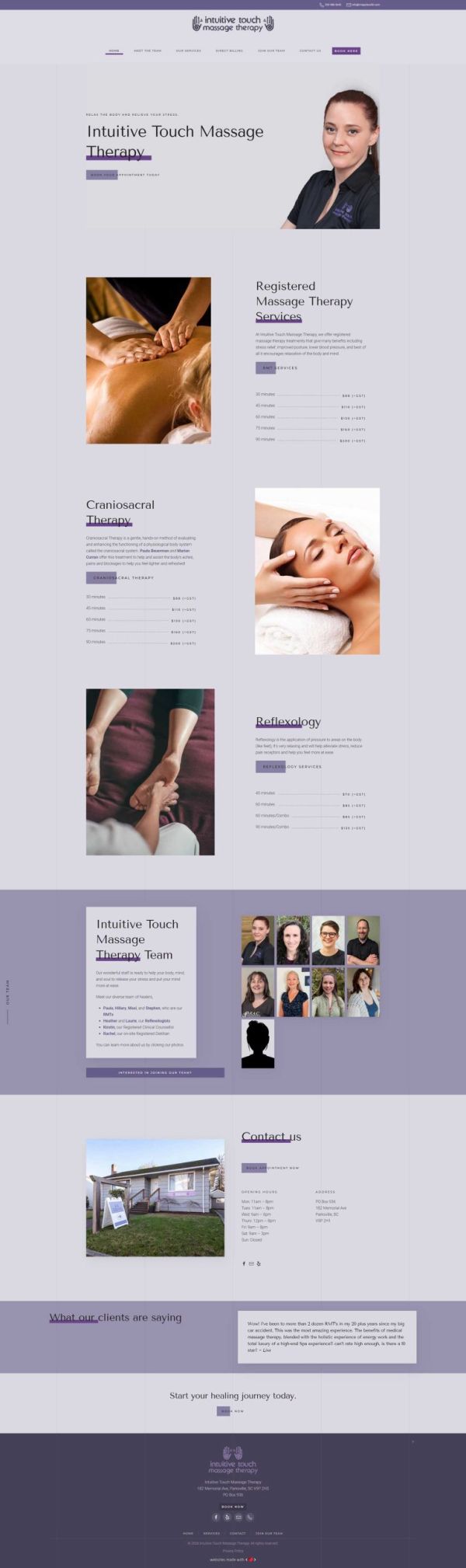Full screen home page layout for Intuitive Touch Massage Therapy in Parksville, BC