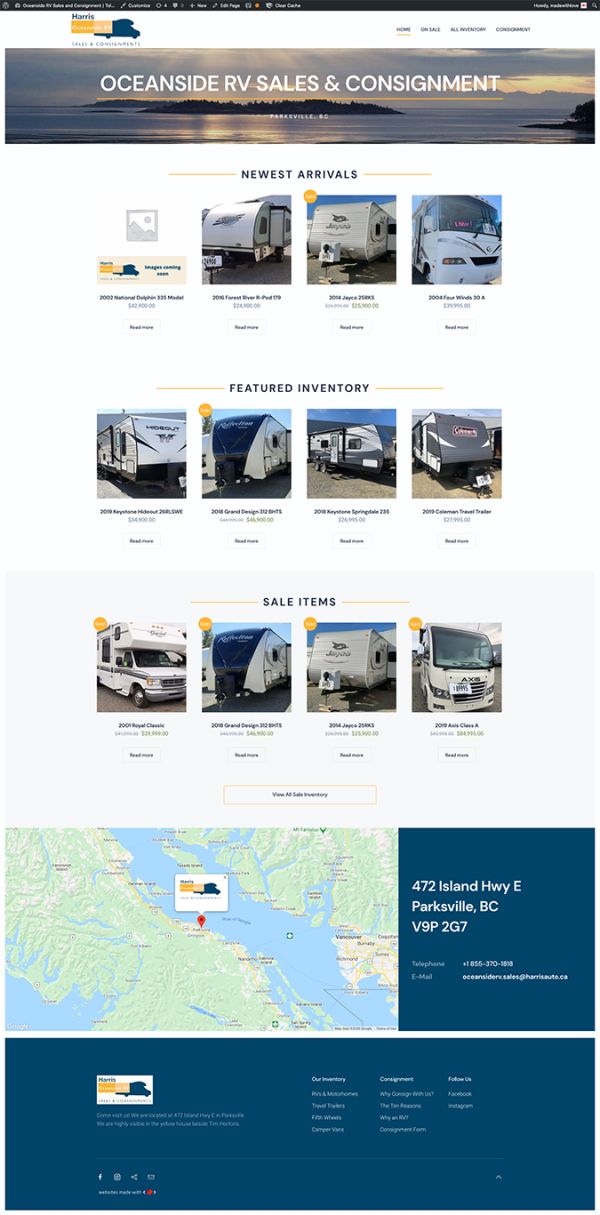 Desktop view of homepage of Oceanside RV Sales in Parksville
