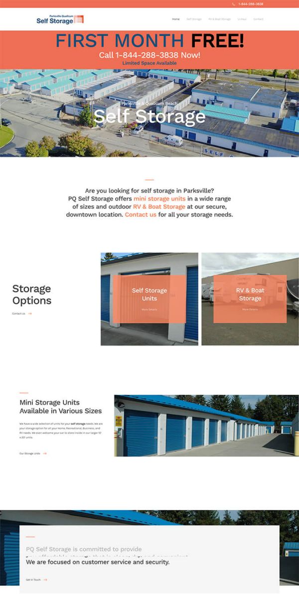 Desktop view of homepage of Parksville Qualicum Self Storage website