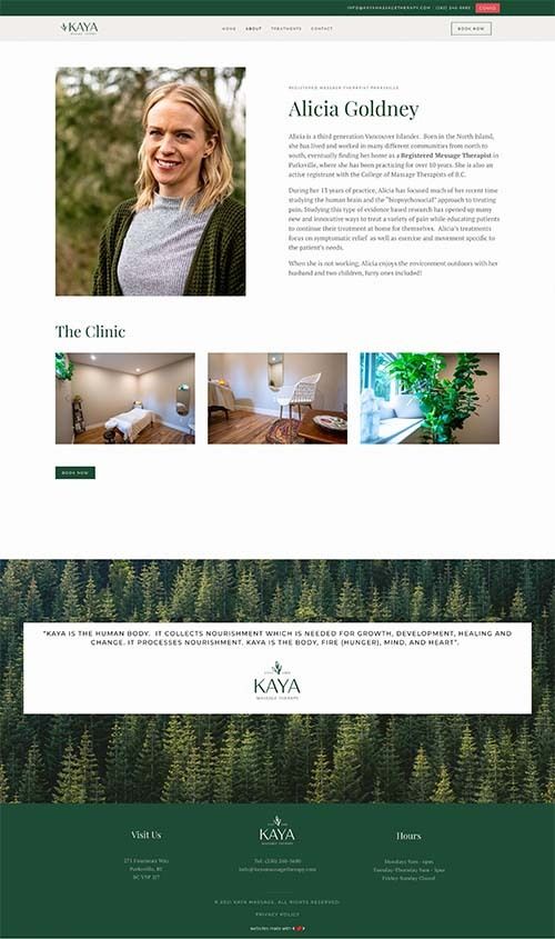 Screenshot of new website design for Kaya Massage Therapy in Parksville, BC