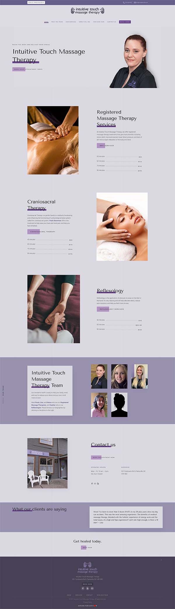 Full screen home page layout for Intuitive Touch Massage Therapy in Parksville, BC