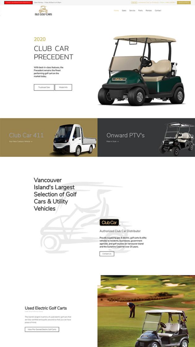 Desktop view of homepage of Isle Golf Cars website