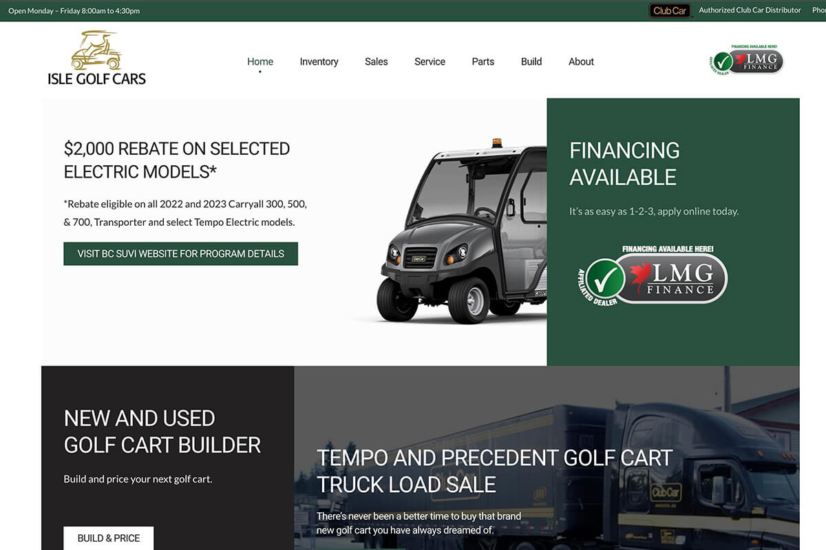 Isle Golf Cars home hero desktop view
