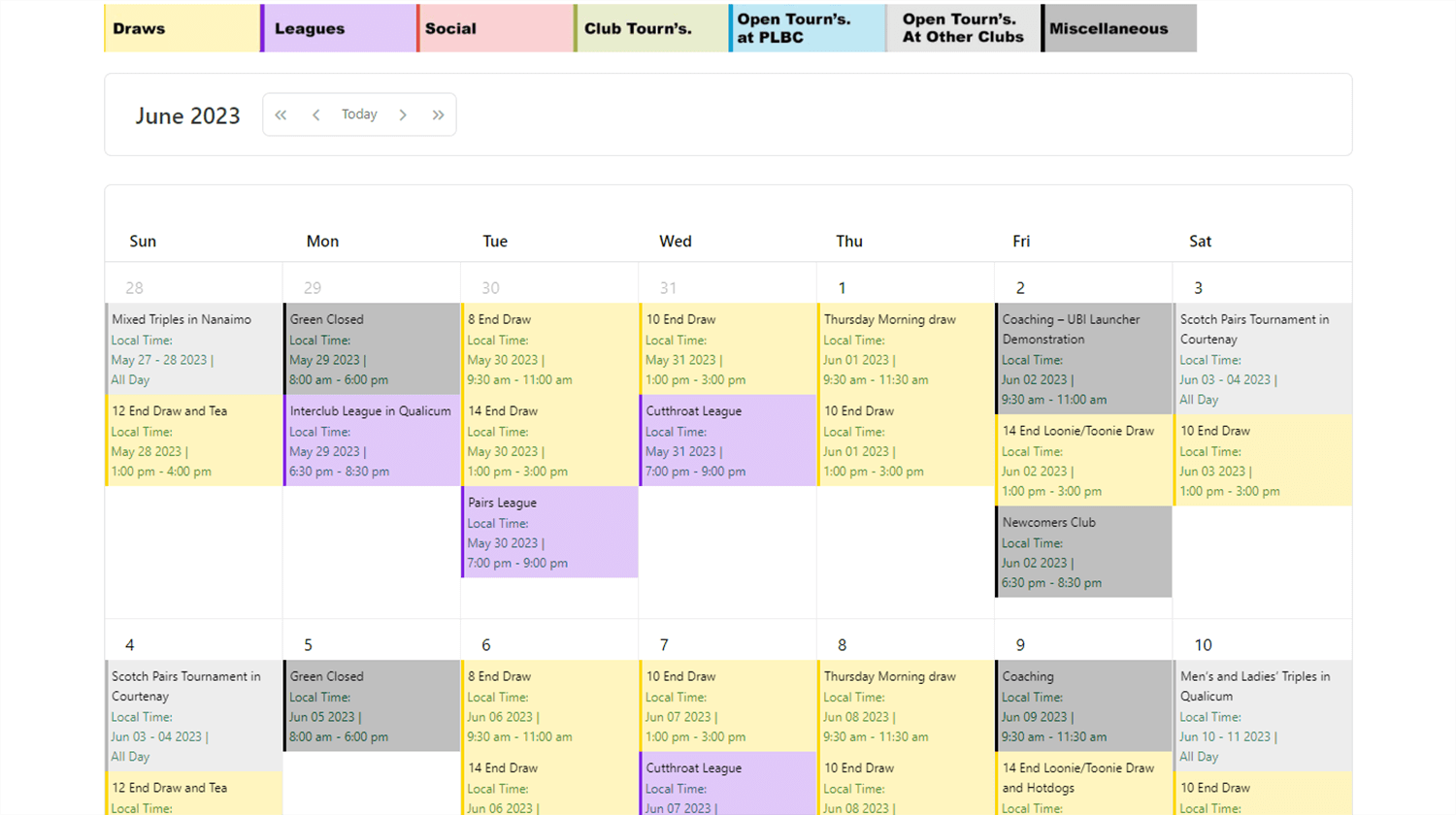 events calendar for the PLBC
