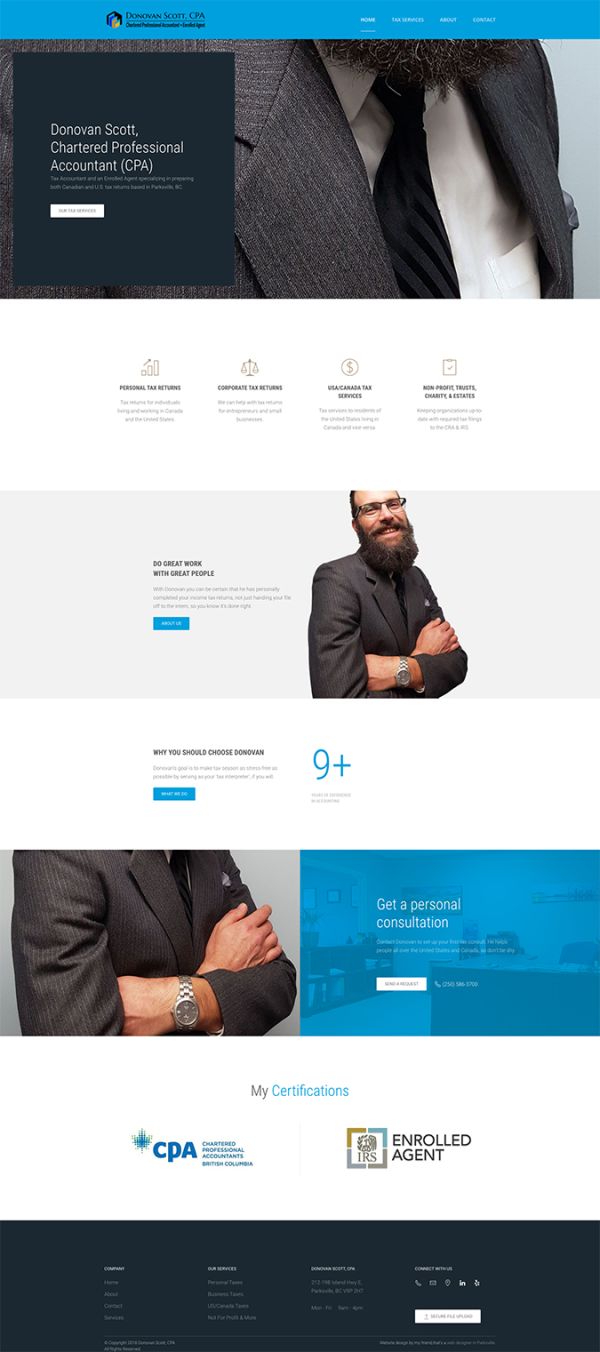 Desktop view of homepage of Donovan Scott, CPA website