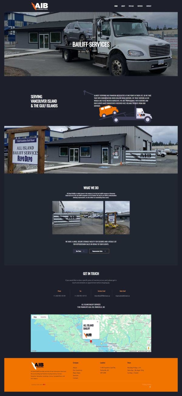 Desktop view of homepage of All Island Bailiff Services website