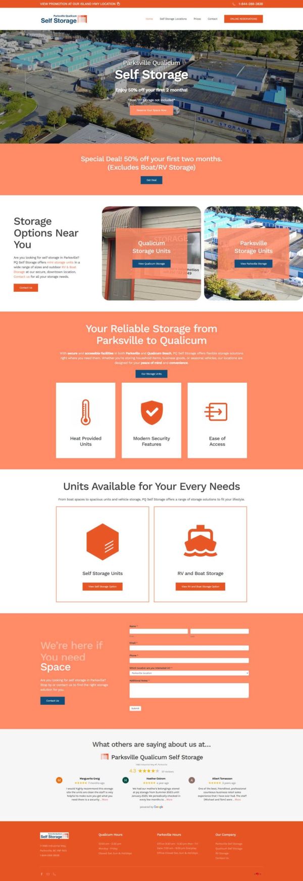 Desktop view of homepage of Parksville Qualicum Self Storage website