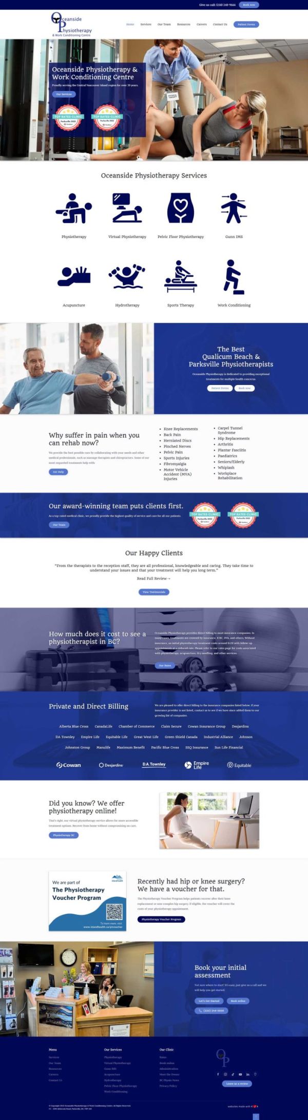 Desktop view of homepage of Oceanside Physiotherapy website