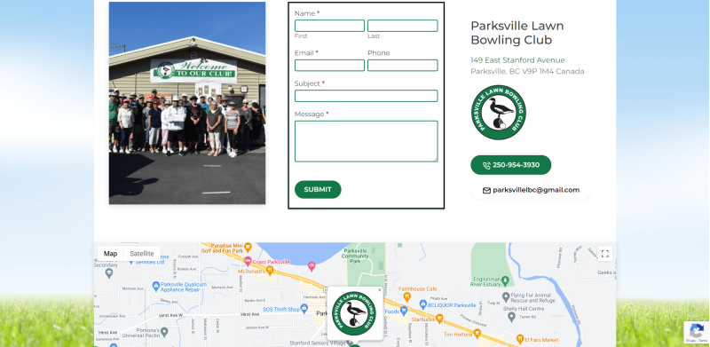 screenshot of contact page on Parksville Lawn Bowling Club website